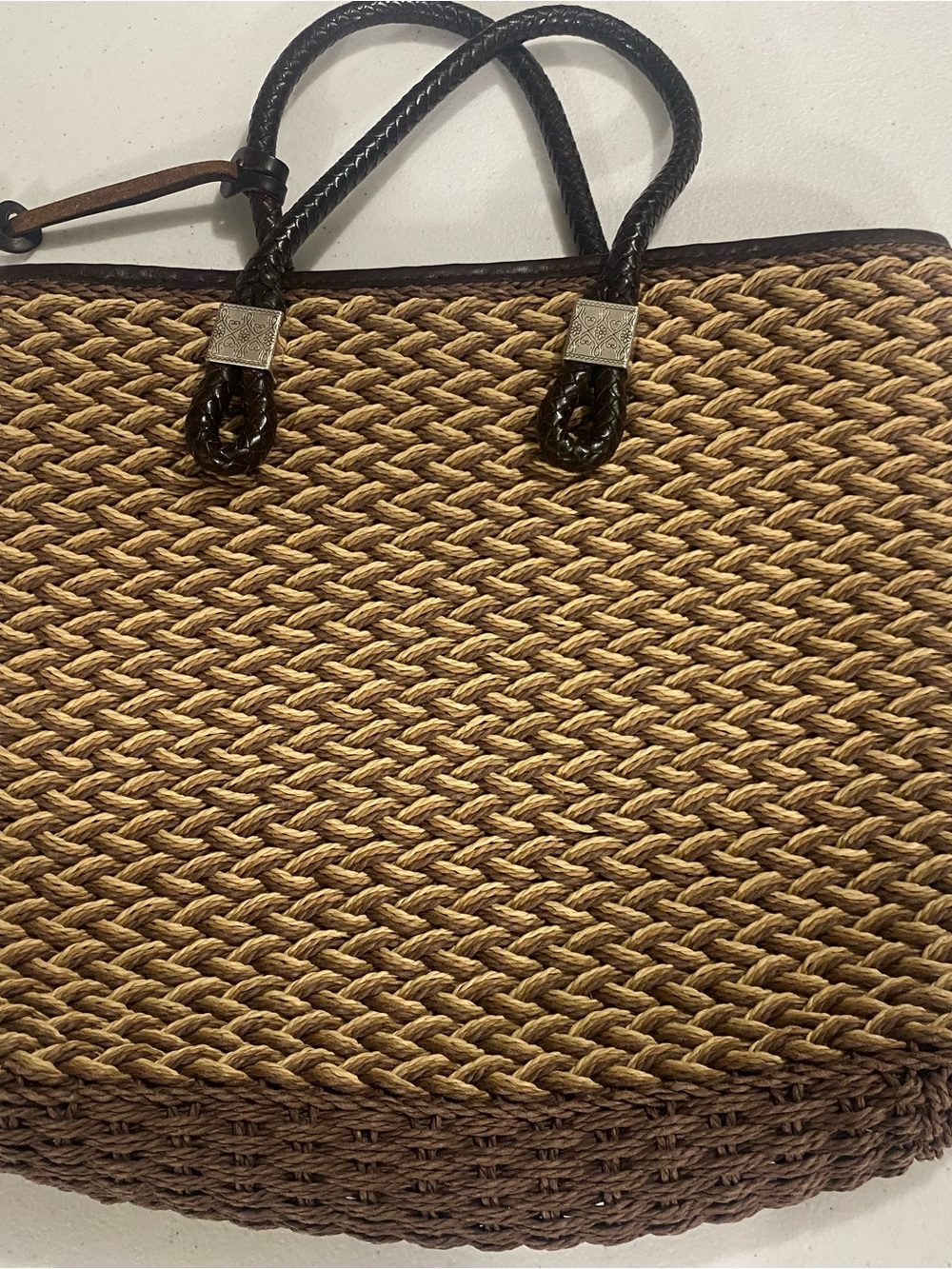 Brighton Braided Straw Tote with Dark Brown Trim and Handles